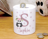 Personalised Money Box for Baby Girl - Panda Design New Baby Gift for New Mum Dad Parents - Pink Initial and Name Ceramic Piggy Bank MB012