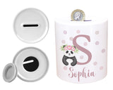 Personalised Money Box for Baby Girl - Panda Design New Baby Gift for New Mum Dad Parents - Pink Initial and Name Ceramic Piggy Bank MB012