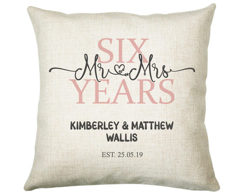 6th Wedding Anniversary Gift for Him for Her - Sixth Cotton Anniversary Gift Cushion Personalised with Names Date Mr and Mrs Married BNJ06C