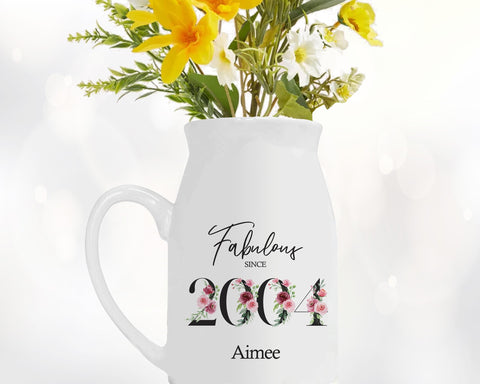 21st Birthday Gift for Her - Fabulous Since 2004 Small Personalised Flower Pot Vase 21 Gift for Women Floral Design Daughter Sister BNC21