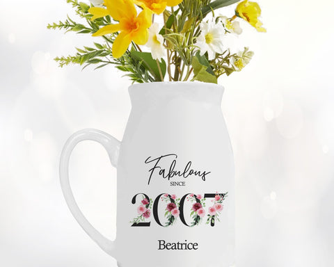 18th Birthday Gift for Her - Fabulous Since 2007 Small Personalised Flower Pot Vase 18 Gift for Women Floral Design Daughter Sister BNC18