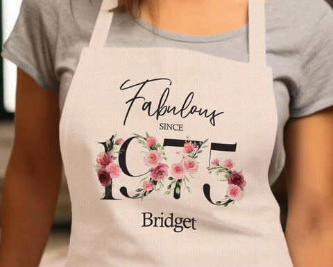 50th Birthday Gift for Women - Personalised Apron Happy Birthday Age 30 Gift for Her - Ladies Floral Design Daughter Niece Fifty BNC50AP