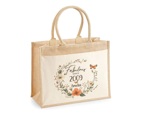 16th Birthday Gift For Her Personalised Jute Bag - Gift For Women Floral Tote Bag Gift - Sixteen 16 Fabulous Since 2009 Shopping Bag BNL16T