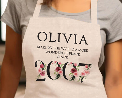 18th Birthday Gift for Her - Personalised Apron Wonderful Since 2007 18 Gift for Women - Ladies Floral Design Daughter Niece Eighteen BNC18