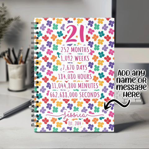 21st Birthday Gift for Her - Personalised Birthday Notebook Age 21 Gift for Women - Ladies Floral Design Daughter Sister Twenty One BNF21NB