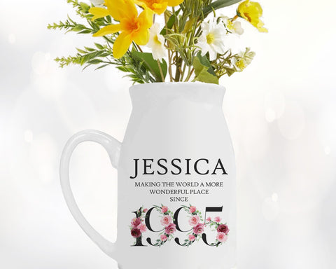30th Birthday Gift for Her - Wonderful since 1995 Small Personalised Flower Pot Vase 30 Gifts for Women Floral Design Daughter Sister BND30