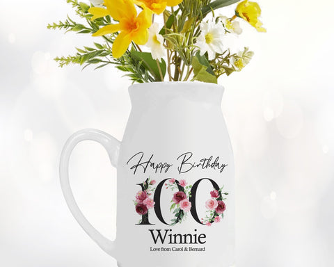 100th Birthday Gift for Women - Happy Birthday 100 Small Personalised Flower Pot Vase 1925 Gift for Her Ladies Floral Design Grandma BNA100