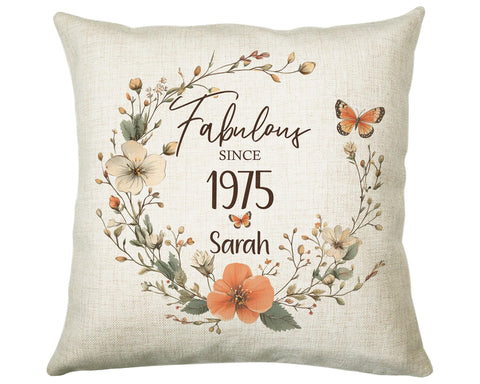 50th Birthday Gift for Women - Personalised 1975 Birthday Cushion Age 50 Gift for Her - Ladies Floral Design Mum Nan Sister Fifty BNL50C