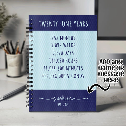 21st Birthday Gift for Men - Personalised Birthday Notebook 2004 Gift for Him Year Month Week Design Notepad Son Brother Twenty One BNE21