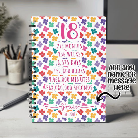 18th Birthday Gift for Her - Personalised Birthday Notebook Age 18 Gift for Women - Ladies Floral Design Daughter Sister Eighteen BNF18NB
