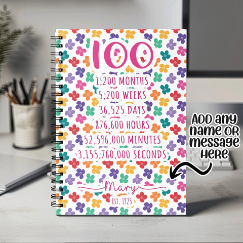 100th Birthday Gift for Her - Personalised Birthday Notebook Age 100 Gift for Women Ladies Floral Design Mum Nan Grandma Hundred BNF100NB