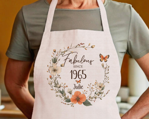 60th Birthday Gift for Women - Personalised Apron Fabulous Since 1965 Gift for Her - Ladies Floral Butterfly Design Mum Nan Sixty BNL60