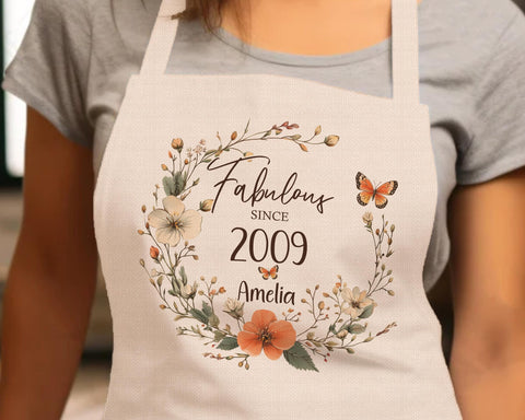 16th Birthday Gift for Her - Personalised Apron Fabulous Since 2009 Gift for Women Ladies Floral Butterfly Design Daughter Sixteen BNL16