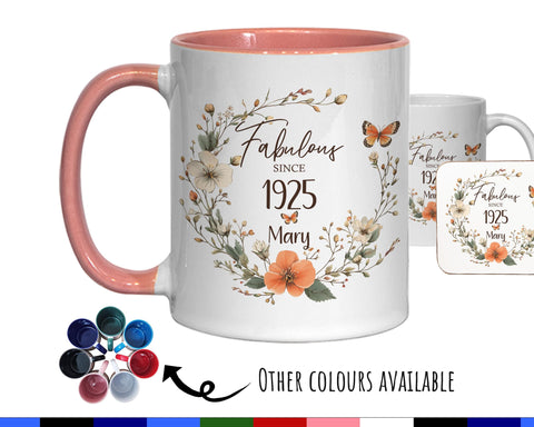 100th Birthday Gift for Women - Fabulous Since 1925 Personalised Mug Coaster Age 100 Gift for Her Ladies Floral Butterfly Mum Nan BNL100M