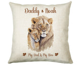 Fathers Day Gift from Son Daughter - Personalised Lion Design Scatter Cushion Matching Daddy Mug Coaster Gift Bundle Gifts for Dad FD002