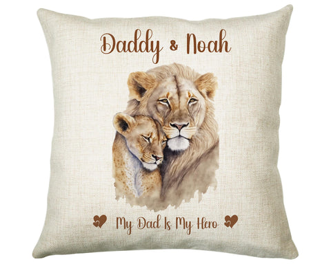Fathers Day Gift from Son Daughter - Personalised Lion Design Scatter Cushion Matching Daddy Mug Coaster Gift Bundle Gifts for Dad FD002