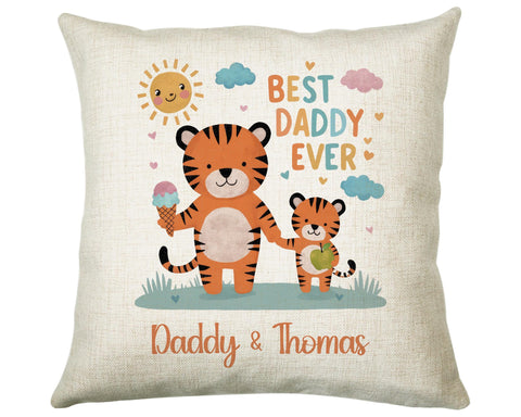 Fathers Day Gift from Son Daughter - Personalised Tiger Design Scatter Cushion Matching Daddy Mug Coaster Gift Bundle Gifts for Dad FD003