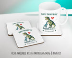 Fathers Day Gift from Son Daughter - Personalised Dinosaur Daddysaurus Design Cushion Matching Daddy Mug Coaster Gift Bundle for Dad FD004