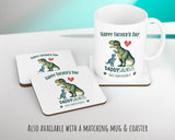 Fathers Day Gift from Son Daughter - Personalised Dinosaur Daddysaurus Design Cushion Matching Daddy Mug Coaster Gift Bundle for Dad FD004