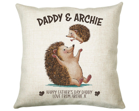 Fathers Day Gift from Son Daughter - Personalised Hedgehog Design Scatter Cushion Matching Daddy Mug Coaster Gift Bundle Gifts for Dad FD008