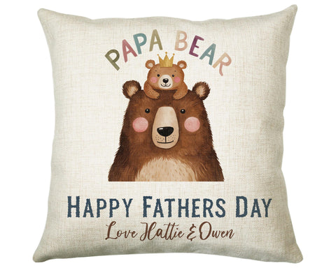 Fathers Day Gift from Son Daughter - Personalised Papa Bear Design Scatter Cushion Matching Daddy Mug Coaster Gift Bundle Gift for Dad FD011