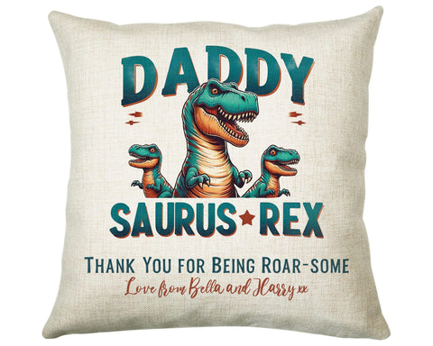 Fathers Day Gift from Son Daughter - Personalised Dinosaur Daddy Design Cushion Matching Daddy Mug Coaster Gift Bundle Gifts for Dad FD019