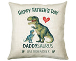 Fathers Day Gift from Son Daughter - Personalised Dinosaur Daddysaurus Design Cushion Matching Daddy Mug Coaster Gift Bundle for Dad FD004