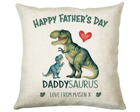 Fathers Day Gift from Son Daughter - Personalised Dinosaur Daddysaurus Design Cushion Matching Daddy Mug Coaster Gift Bundle for Dad FD004