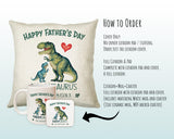 Fathers Day Gift from Son Daughter - Personalised Dinosaur Daddysaurus Design Cushion Matching Daddy Mug Coaster Gift Bundle for Dad FD004