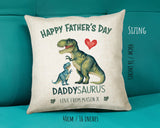 Fathers Day Gift from Son Daughter - Personalised Dinosaur Daddysaurus Design Cushion Matching Daddy Mug Coaster Gift Bundle for Dad FD004