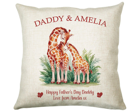Fathers Day Gift from Son Daughter - Personalised Giraffe Design Scatter Cushion Matching Daddy Mug Coaster Gift Bundle Gifts for Dad FD010
