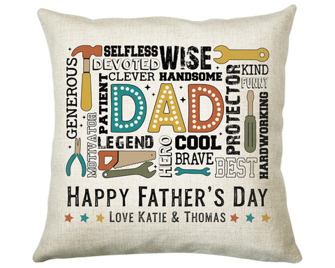 Fathers Day Gift from Son Daughter - Personalised Dad Tools Design Scatter Cushion Matching Daddy Mug Coaster Gift Bundle Gift for Dad FD013
