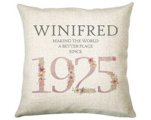 100th Birthday Gift for Women - Personalised 1925 Birthday Cushion Age 100 Gift for Her - Pastel Floral Design Mum Nan Gran Hundred BNM100C