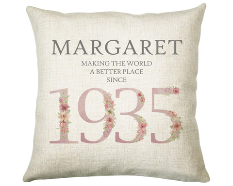 90th Birthday Gift for Women - Personalised 1935 Birthday Cushion Age 90 Gift for Her - Ladies Floral Age Design Mum Nan Gran Ninety BNM90C