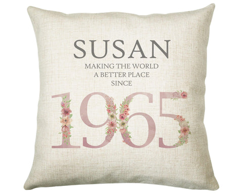 60th Birthday Gift for Women - Personalised 1965 Birthday Cushion Age 60 Gift for Her - Ladies Floral Age Design Mum Nan Gran Sixty BNM60C