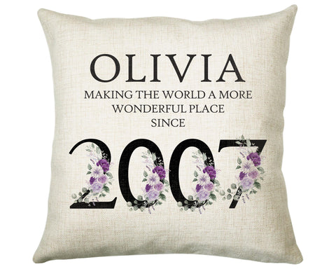 18th Birthday Gift for Women - Personalised 2007 Birthday Cushion Age 18 Gift for Her Ladies Floral Design Daughter Sister Eighteen BNQ18C
