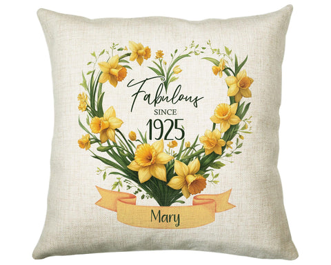 100th Birthday Gift for Women - Personalised 1925 Birthday Cushion Age 100 Gift for Her Floral Daffodil Design Mum Nan Gran Hundred BNS100C