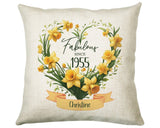 70th Birthday Gift for Women - Personalised 1955 Birthday Cushion Age 70 Gift for Her Floral Daffodil Design Mum Nan Gran Seventy BNS70C