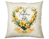 50th Birthday Gift for Women - Personalised 1975 Birthday Cushion Age 50 Gift for Her Floral Daffodil Design Mum Nan Sister Fifty BNS50C