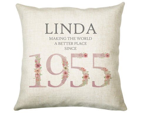 70th Birthday Gift for Women - Personalised 1955 Birthday Cushion Age 70 Gift for Her - Ladies Floral Design Mum Nan Gran Seventy BNM70C
