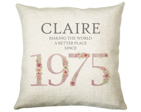 50th Birthday Gift for Women - Personalised 1975 Birthday Cushion Age 50 Gift for Her - Ladies Floral Design Mum Nan Sister Fifty BNM50C