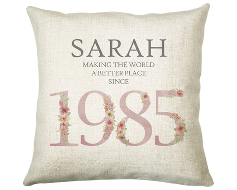 40th Birthday Gift for Women - Personalised 1985 Birthday Cushion Age 40 Gift for Her Ladies Floral Design Mum Daughter Sister Forty BNM40C