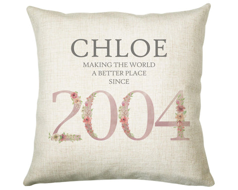 21st Birthday Gift for Women - Personalised 2004 Birthday Cushion Age 21 Gift for Her Lady Floral Design Daughter Sister Twenty One BNM21C