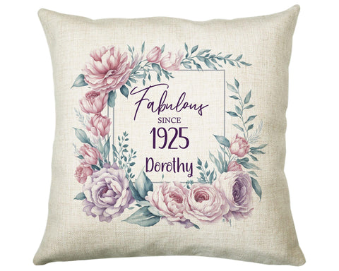 100th Birthday Gift for Women - Personalised 1925 Birthday Cushion Age 100 Gift for Her - Ladies Floral Design Mum Nan Gran Hundred BNR100C
