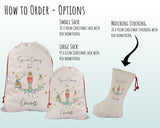 three different sizes of Christmas stocking bags, each with a unique design and size. The bags are labeled as "Small Sack", "Large Sack", and "Large Sack" and are intended for different purposes, such as small gifts, larger gifts, and matching stocking bags.