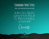 The image is a standard font style with a teal background and a black border. The font is used on a design, and the text indicates that the font should be used according to the design. The font style is Charlotte, and the image is a collage of multiple images.