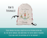 The image is a white drawstring bag with a nutcracker and a nutcracker girl design, along with the text "Personalise" and " Charlotte". There are arrows pointing to the bag, indicating that the details should be provided in the personalisation box. The text suggests that the user can change the text, add additional text, and provide a note for anything out of the ordinary.