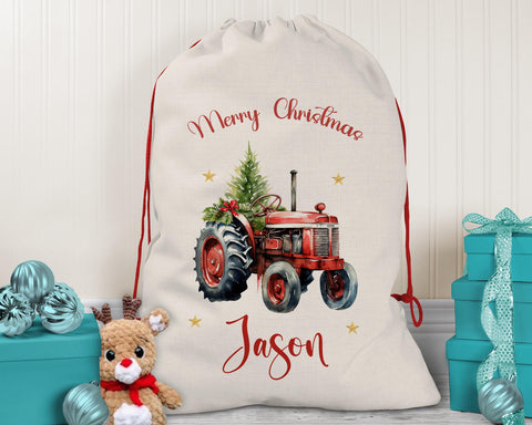 Personalised Christmas Sack - Santa Sack for Kids Presents Xmas Tree and Tractor Design Stocking Christmas Eve Bag for Girls & Boys XS062