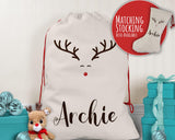 Personalised Large Christmas Rudolph Sack Name Xmas Stocking Gift Stocking Reindeer Sack Red Drawstring Christmas Decoration SK003