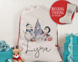Personalised Large Christmas Snowman & Penguin Sack Name Xmas Stocking Gift Stocking Sack Red Drawstring Christmas Decoration SK006